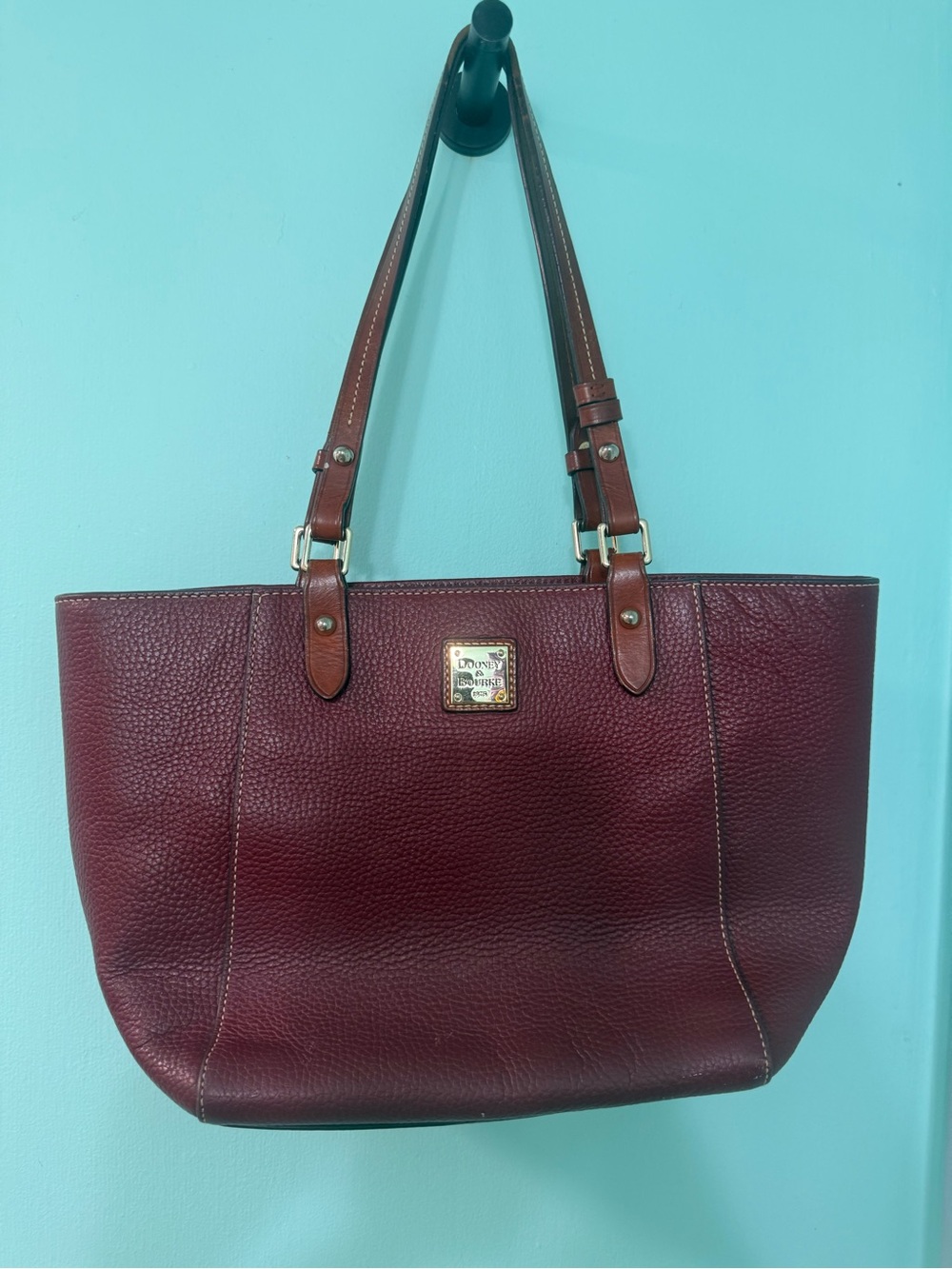 Dooney & Bourke Burgundy Pebble Leather Shoulder Tote with Brown Straps